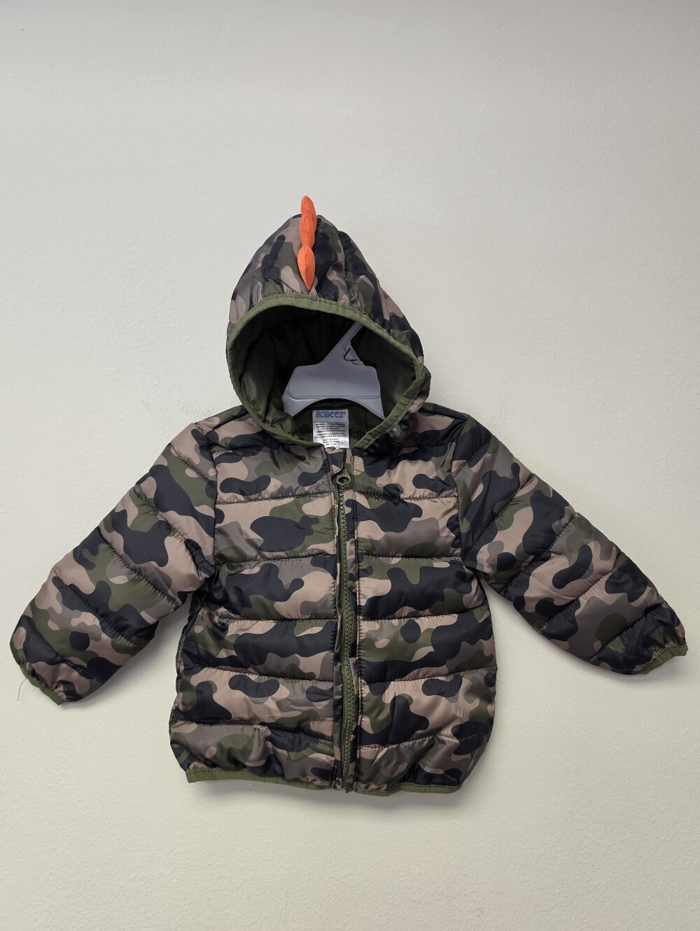 Robeez Dino Spike Camo Hooded Puffer Jacket Coat Green Black Orange 12 M